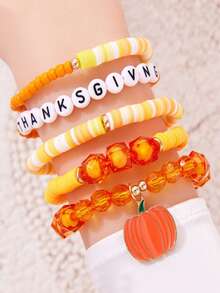 5pcs/Set Thanksgiving Letter Pumpkin Pendant Elastic Beaded Layered Bracelet Set, Autumn Bracelets, Thanksgiving Gift For Girls - Multicolor - View 1