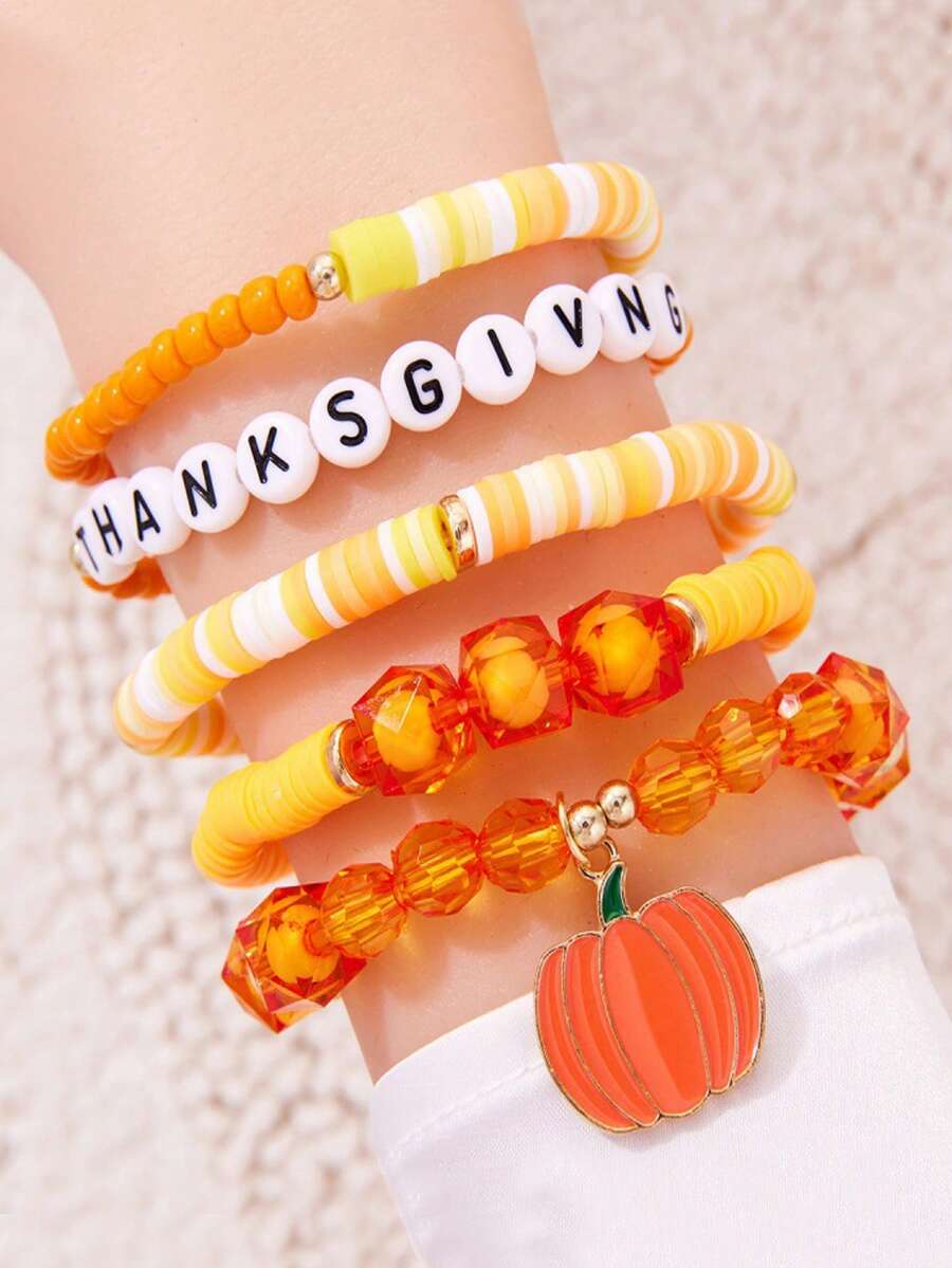 5pcs/Set Thanksgiving Letter Pumpkin Pendant Elastic Beaded Layered Bracelet Set, Autumn Bracelets, Thanksgiving Gift For Girls - Multicolor - View 1
