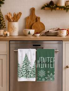 2PCS Kitchen Towels Christmas Tree Snowflake Print 40*60cm Minimalist Style Rectangular Microfiber Kitchen Towels, Dish Cloths, Tablecloths, Hand Towels, Christmas Home Decor, Bathroom Kitchen Decor, Housewarming Gifts For Neighbors, Perfect For Kitchen And Bathroom Use, Suitable For Housewives And Family Gatherings, Great Value, Essential Home Product - White - View 2