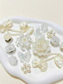 14件米色鞋飾（花朵、貝殼、蝴蝶結）適用於洞洞鞋DIY裝飾配件，完美搭配單品，生日、節日、派對禮物首選 - 白色 - 查看 2