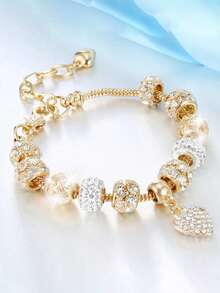 1pc Crystal Heart Charm Bracelet - Gold Plated Snake Chain With Rhinestone Beads, Adjustable DIY Jewelry For Women - Multicolor - View 6