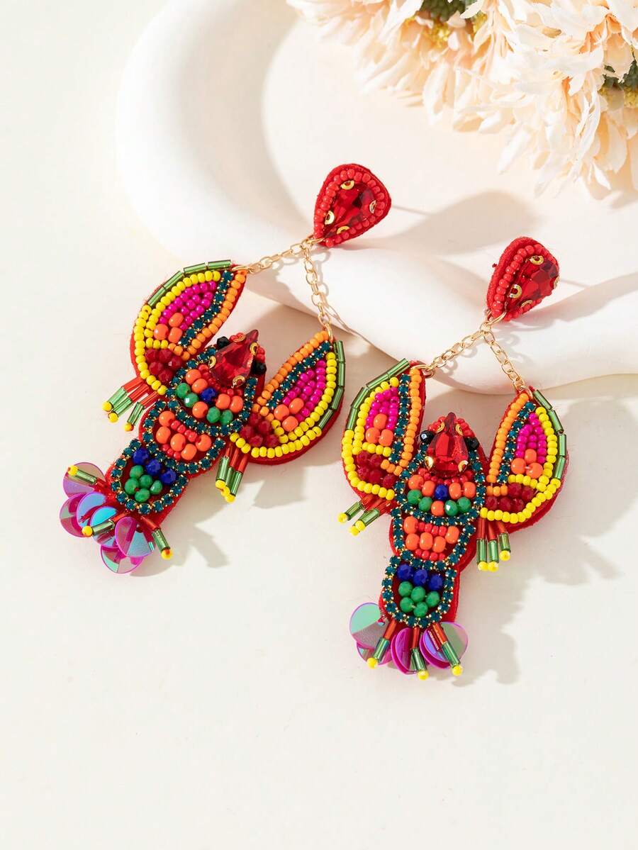 1pair Handmade Braided Dragon Lobster Shaped Earrings With Rice Beads And Rhinestones, Fashionable And Wild - Colorful - View 1