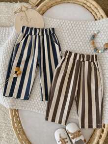 2Pcs/Set Baby Vintage Striped Elastic Waist Casual Long Pants With Pockets Loose Versatile Toddler Pants Casual Outfit - Multicolor - View 13