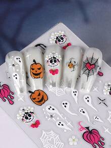 2 Sheets Gold Metal Gothic Halloween Nail Stickers, Scary Self-Adhesive Nail Decals With Skull, Bone, Vintage Key, Bat, Pumpkin And Moon, Halloween Letter Design, DIY Nail Art Decoration, Suitable For Halloween Festival - Multicolor - View 6