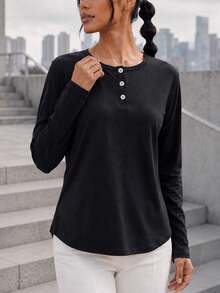 Women Black Round Neck Long Sleeve Top Button Placket Relaxed Fit Casual T Shirt For Daily Wear And Street Style. - Black - View 3