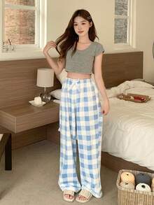 Quần ngủ flannel kẻ caro xanh trắng tươi mới, ống rộng suông rộng có dây rút, quần dài dày ấm mặc nhà thường ngày cho mùa thu/đông - Nhiều màu - Xem 6