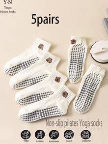 1/5 Pairs Women's Non-Slip Yoga Pilates Socks, Soft Pure Cotton Material, Cartoon Embroidered Pattern With Silicone Grip Sole, Short Ankle Socks For Yoga, Pilates, Dance, Fitness, Indoor Training, Floor Socks And Gifts - Multicolor - View 9
