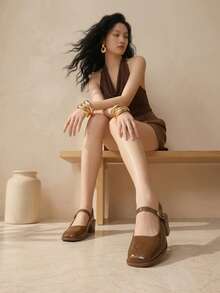 Sepatu Mary Jane Wanita ZPWZ Warna Emas Muda Berkilau dengan Hiasan Logam Cermin, Cocok untuk Perjalanan Musim Semi, Kencan, Pesta, Liburan, Sandal Datar Bertali Sederhana, Sandal Hak Tinggi Warna Solid Bergaya Mewah dengan Hiasan Kristal Terbaru untuk Kencan - Coklat - View 5