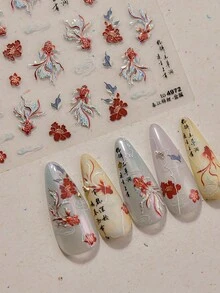 5D日式鯉魚美甲貼紙，紅金魚與梅花美甲貼花附書法裝飾，自黏式傳統藝術美甲用品，美甲師與DIY秋季美甲必備，1片 - 紅色 - 查看 3