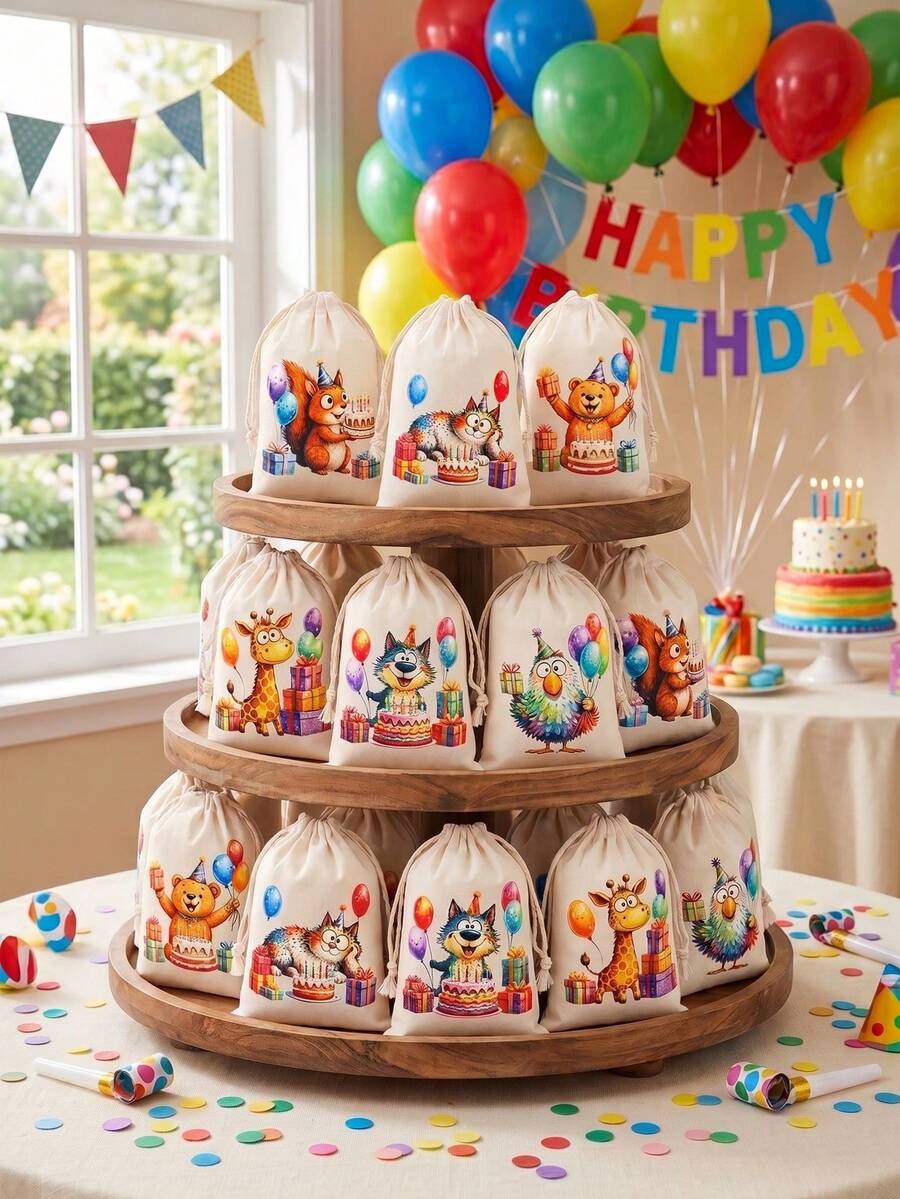 6pcs Watercolor Animal Birthday Drawstring Gift Bags, Baby Baptism Theme Gift Packaging Bags Candy Bags, Cute Animal Birthday Pattern First Birthday Party Packaging Supplies, Gender Reveal Theme Party Gift Packaging Bags, First Birthday Party Table Decor Packaging Bags, Theme Party Decoration Candy Bags, Baptism Decoration, Baby Party Gifts, Birthday Gift Bags