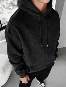 Vintage Washed Tie-Dye Men's Hoodie Sweatshirt, Autumn/Winter, Back Prayer Hands Large Print, Loose Fit, Dropped Shoulder, Pullover Casual Sweatshirt - Black - View 2
