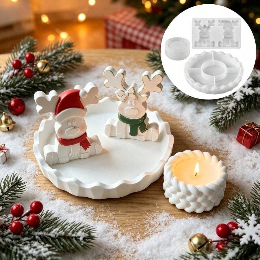 SILIKE LUFEI 3pcs Resin Silicone Mold Christmas Double Deer & Rope Candle Holder & Round Asymmetrical Tray Set Decor Mold, Suitable For Making Epoxy Resin, Plaster, Candle, Aromatherapy Products, Home Decor Display Silicone Mold - Silicone Mold - View 1