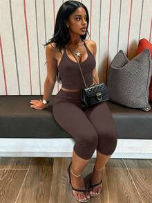 Women's Casual V-Neck Ribbed Knit Tank Top & Fitted Capri Pants Solid Color 2-Piece Set Summer Outfit Brown Elegant - Brown - View 2