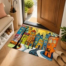 1pc Cartoon Town Pattern Printed Faux Cashmere Kitchen Mat, Absorbent Kitchen Rug, Kitchen Carpet, Long Strip Doormat, Sink Front Mat, Suitable For Kitchen, Bathroom, Entryway, Hallway, Laundry Room And Home Decor - Multicolor - View 5