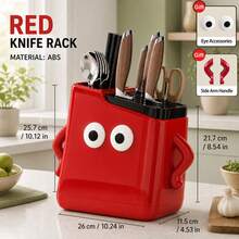 1pc Cute Cartoon Face Knife Holder, Multi‑Slots Knife Organizer With Built‑In Chopstick Holder & Pull‑Out Drip Tray, Space‑Saving Kitchen Countertop Storage Rack - View 12