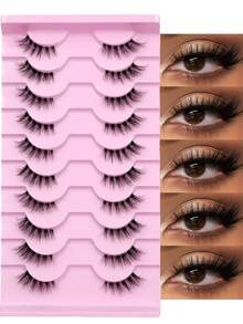 10 Pairs Half Lashes Natural Look Clear Band Soft Wispy Lashes For Daily Style Eye Makeup Fluffy Lashes Dating&Party&Music Festival&Travel Lashes - Black - View 1