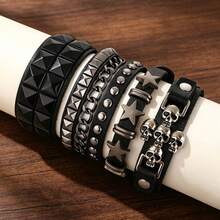 4Pcs Punk Gothic PU Leather Bracelet, Skull Star Pyramid Stud Multi-Layer Wristband, Adjustable Bracelet For Women Men, Rock Festival Party - Black - View 9