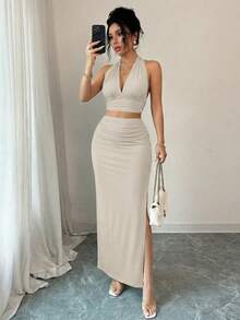 Solid Color Deep V-Neck Backless Lace-Up Cropped Tank Top & Slim Fit Pleated Side Slit Maxi Skirt, Fashionable 2 Pieces Set - Gray Apricot - View 5