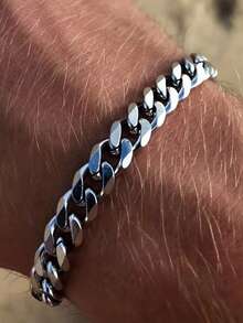 SeuSuk 1pc Casual Fashion Classic Men's Stainless Steel Cuban Link Bracelet, Hip Hop Jewelry Accessory With Extension Chain, Suitable For Daily Wear - Silver - View 2