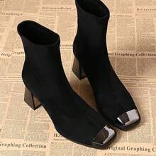 French Style Steel Toe Thick Heel Ankle Boots For Women, 2026 Autumn/Winter New Sexy Square Toe Slim Fit Elastic Ankle Boots - Black - View 5