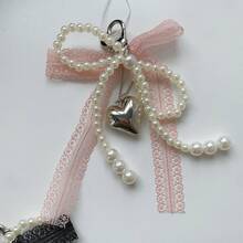 1PC-2pcs Plastic Sweet Pearl Bow Keychain Heart Shaped Lace Pendant Korean Y2K Car Keychain Bag Accessories Simple Girlish Heart - Multicolor - View 7