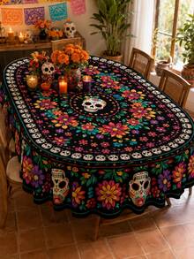 1PC Day Of The Dead Round Table Cloth, Colorful Sugar Skull Floral Print Polyester Tablecloth, Mexican Style Dining Table Cover For Kitchen, Dining Room, Day Of The Dead Party, Halloween, Holiday Gathering And Indoor Outdoor Home Decor - Multicolor - View 14