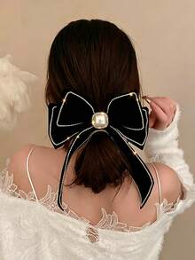 1pc Women Elegant Velvet Bow Hair Clip, Rhinestone & Faux Pearl Decor Long Streamer Hair Barrette - Black - View 3