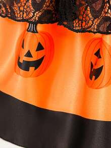 Baby Girls Flutter Sleeve Contrast Color Lace Mesh Pumpkin Pattern Cute Party Dress Suitable For Halloween, Headband Not Included - Multicolor - View 9