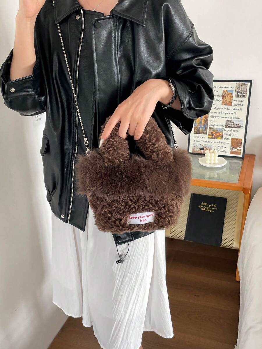 Autumn/Winter New Lamb Wool Bucket Bag With Chain Strap, Shoulder And Crossbody