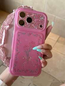 Sweet Cool Retro New Chinese Style Rose & Lily Flower Phone Case Compatible With Apple 8 Pro Max, 17 Pro, 17, 16, 15, Women's New Fashion Anti-Drop Protective Cover, Unique & Stylish - Hot Pink - View 3