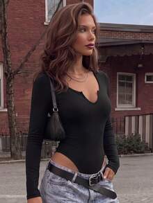 Women's Early Autumn V-Neck Hollow Design Y2K Style Basic Fitted Long Sleeve Bodysuit Black - Black - View 2