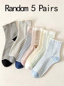 5 Pairs Random Vintage Color-Block Thin Striped Mid-Calf Women's Socks, Soft Skin-Friendly Pure Cotton, Breathable, Sweat-Absorbent, High Elasticity Ribbed Cuff, Non-Slip Heel, Japanese Minimalist INS Style, Versatile For Canvas Shoes, Sneakers, All Seasons, Commute, Casual, Slouchy Socks - Multicolor - View 9
