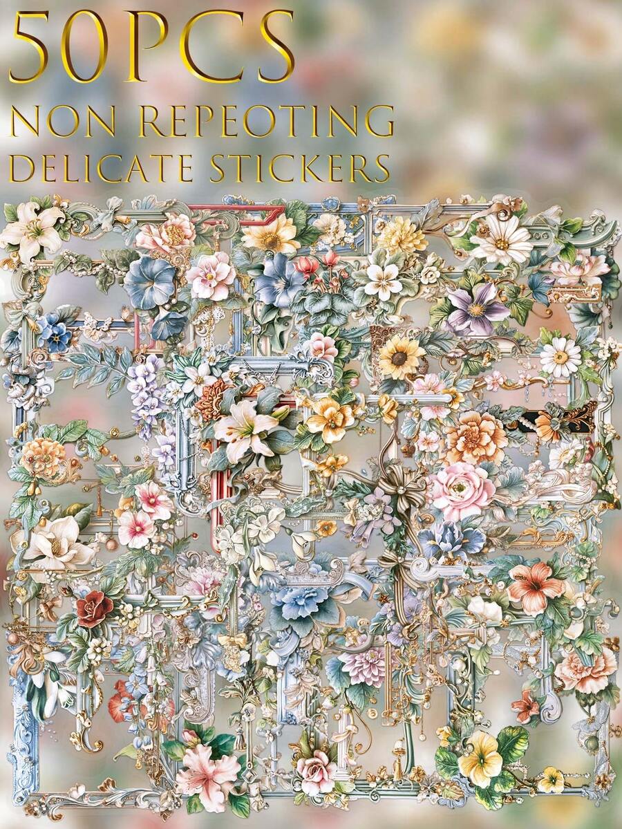 50 st transparenta blomramsklistermärken i PET-material, scrapbookingtillbehör med kreativ och estetisk design, lämpliga för mobilskal, surfplattor, bärbara datorer, telefoner, resväskor, bilar, anteckningsböcker, hjälmar, gitarrer, skateboards, förvaringsboxar och datorer - 50 st - Visa 1