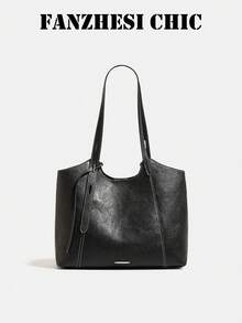 Tote Bag With Contrast Stitching And Metal Plaque Decor, Handheld Shoulder Large Capacity Multi-Compartment Storage, Open Top Closure, Minimalist Commuter Intellectual Style, Tote Bag, Women's Office Commute School Business Trip Daily Travel, Elegant Textured Versatile Popular Office Bag - Black - View 1