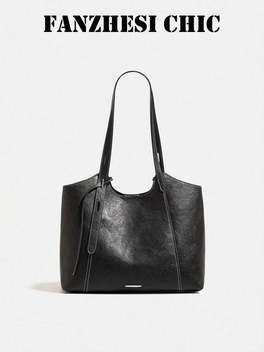 Tote Bag With Contrast Stitching And Metal Plaque Decor, Handheld Shoulder Large Capacity Multi-Compartment Storage, Open Top Closure, Minimalist Commuter Intellectual Style, Tote Bag, Women's Office Commute School Business Trip Daily Travel, Elegant Textured Versatile Popular Office Bag - Black - View 1
