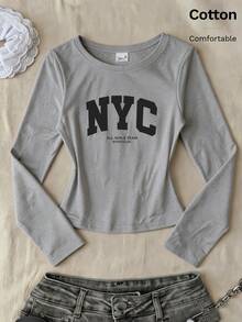 Autumn NYC ALL GIRLS TEAM SPORTS CLUB Printed Slim Fit Long Sleeve Crew Neck T-Shirt Base Layer - Grey - View 2