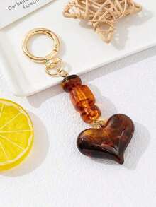1pc Vintage Amber Tortoise Shell Pattern Resin Heart Keychain, Maillard Brown Tone Beaded Bag Charm, Perfect Gift - Multicolor - View 2