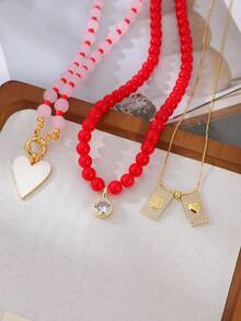 1pc Elegant Ins Style Exquisite Copper Geometric Square Zirconia Inlaid Heart & Portrait Glass Beaded Seed Bead Necklace For Women, Suitable For Outings, Shopping, Daily Casual, Parties, Travel, Fashionable Charming Women's Jewelry, Beaded Jewelry, Heart Jewelry, Wedding Season Gift, Christmas - Red - View 3