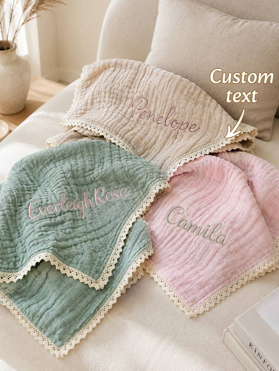 1PC Custom Embroidered Lace Hollow‑Trim Quilted Throw Blanket, Personalized Text Embroidery Solid Blanket With 7 Color Options, Home Decor Piece For Sofa Bedroom Couch, Thoughtful Holiday Gift For Household Family Members Daily Home Usage