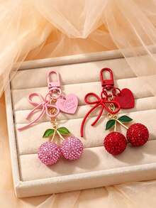 Vintage Red Rhinestone Cherry Keychain With Double Bow And Heart Pendant, Sweet Style Handbag Accessory For Girls, Comes With Gift Bag, Unique And Exquisite Gift For Best Friend - Multicolor - View 1