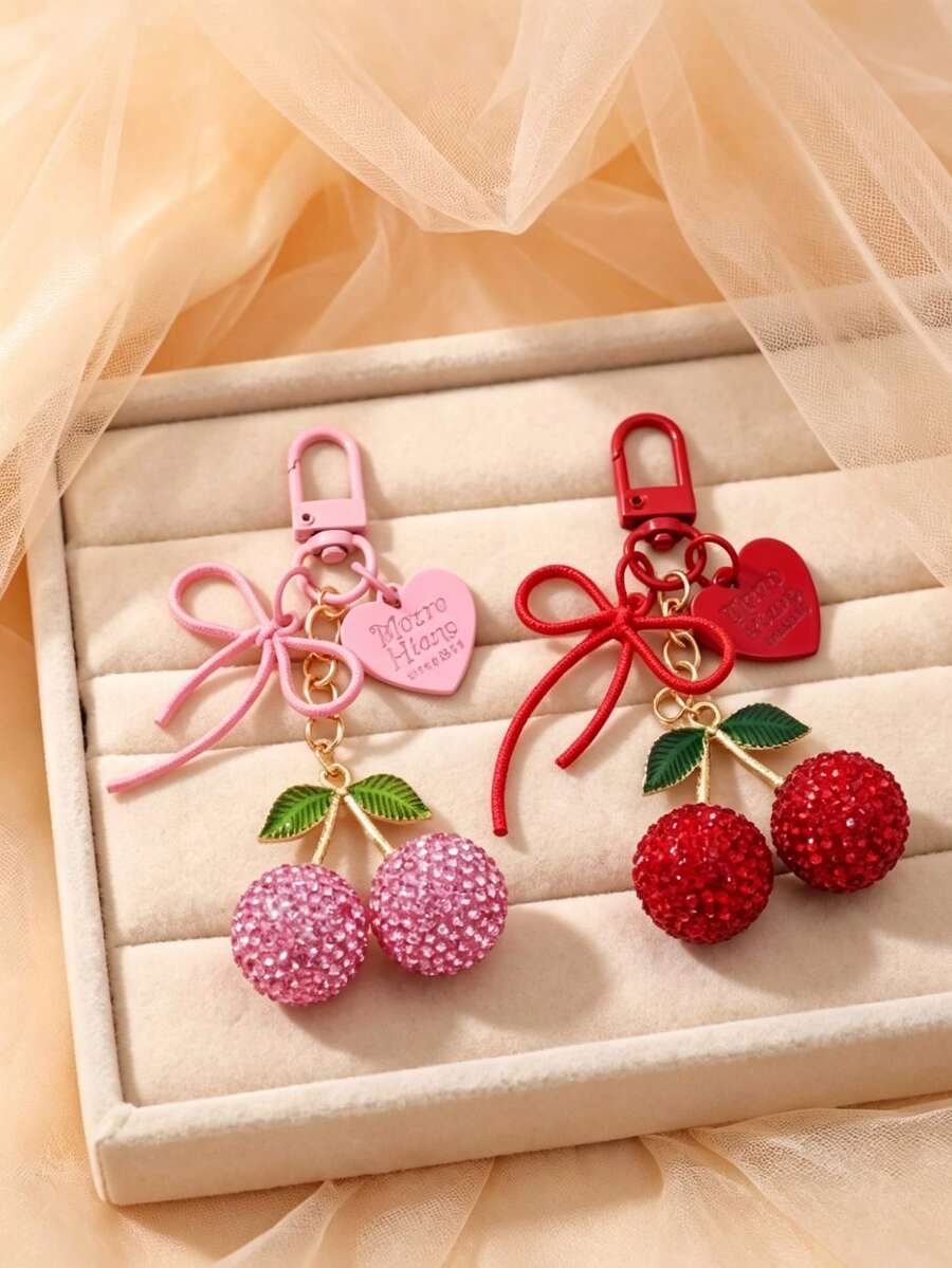 Vintage Red Rhinestone Cherry Keychain With Double Bow And Heart Pendant, Sweet Style Handbag Accessory For Girls, Comes With Gift Bag, Unique And Exquisite Gift For Best Friend - Multicolor - View 1