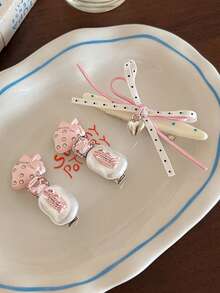 3/2pcs Cute Cartoon Blue Bear Hair Clip Set For Women, Bowknot Faux Pearl Decor Duckbill Hair Clips Hair Accessories - Strawberry - View 4