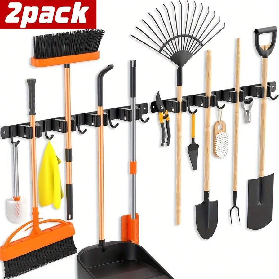 Heavy-Duty Stainless Steel Wall-Mounted Garden Tool Organizer- Powder-Coated Rust-Resistant Utility Shelf for Garage, Kitchen& Outdoor- Space-Saving Set of Two Enhanced Holders, Slip-Resistant Design Featuring Four Racks And Five Hooks