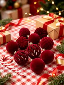 15pcs-Wine Red Christmas Flocked Ball Set, European Style Ins-Inspired Irregular Flocked Christmas Ball Set, Christmas Party Decoration - A - View 3