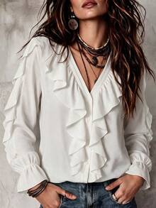 Plus Size Elegant Commuter Solid Color Ruffle Top White - White - View 2