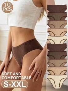 10pcs Women's Ribbed Low Waist Cotton Panties, Contrast Trim, Comfortable Striped Underwear, Suitable For All Seasons - Multicolor - View 3