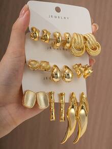 6-18pcs Gold Women's Earrings Set, Metallic Exaggerated Multi-Element Fashion Elegant Earrings, Hypoallergenic Lightweight CCB Material, Suitable For All Seasons - Gold - View 2