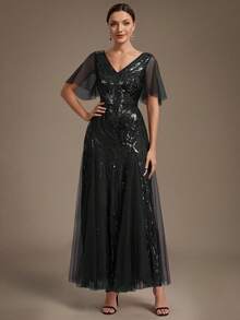 EVERPRETTY Elegant Luxury Charming Party Heavy Embroidery Floral Sequin Mesh Patchwork Black Formal Evening Gown Suitable For Evening Party Wedding Guest - Black - View 6