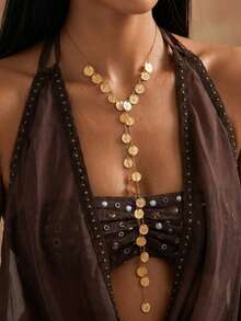 1pc Personalized Metal Disc Tassel Long Necklace, Minimalist Geometric Disc Patchwork Design, Layerable Decorative Necklace, Fashion Accessory For Daily Wear - Gold - View 1