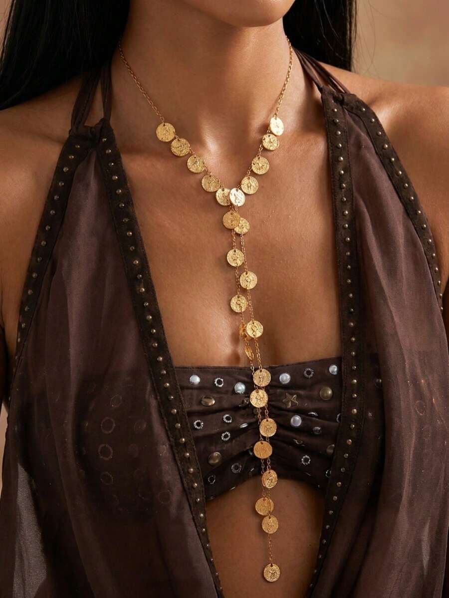 1pc Personalized Metal Disc Tassel Long Necklace, Minimalist Geometric Disc Patchwork Design, Layerable Decorative Necklace, Fashion Accessory For Daily Wear - Gold - View 1